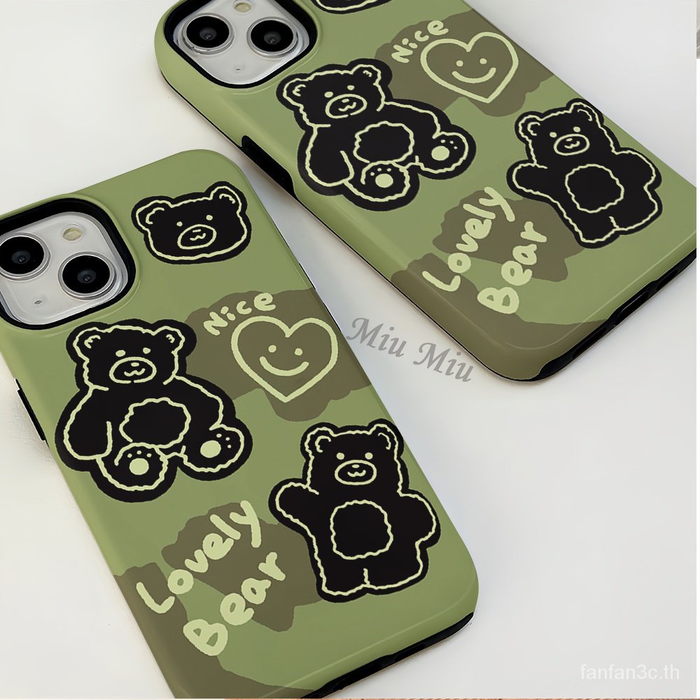 เคสโทรศัพท์มือถือ สองชั้น กันกระแทก ลายหมีน่ารัก สีเขียว สําหรับ iPhone 11 Promax 13 14 Pro MAX 15 Promax 7 8plus X XS MAX