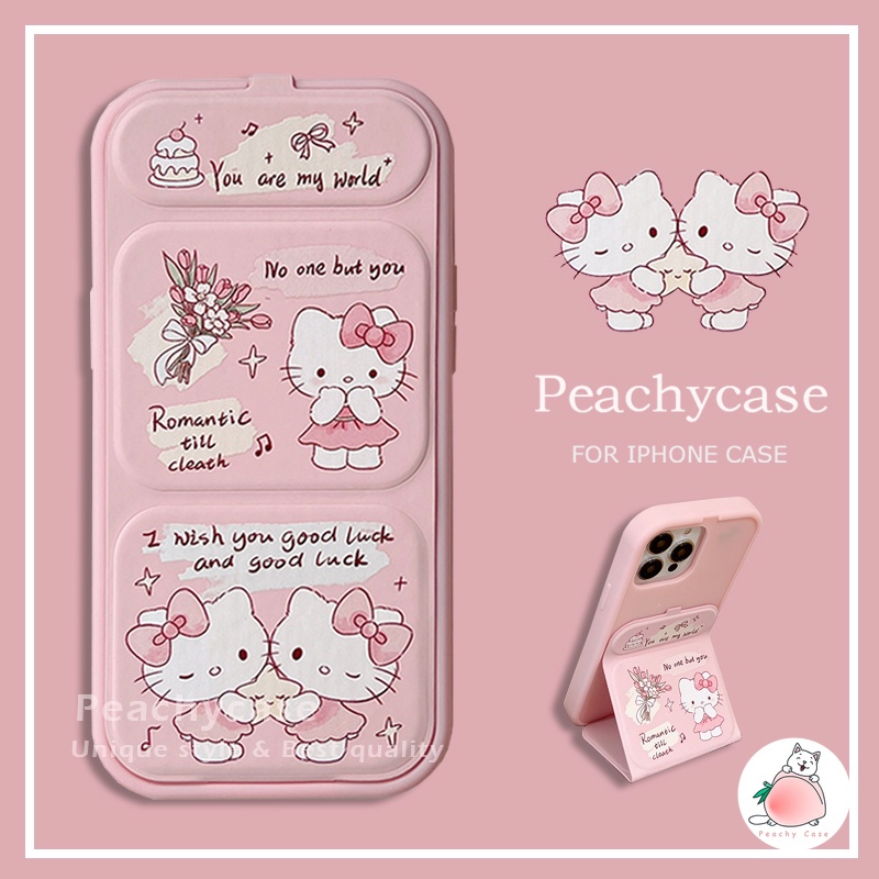 เคสโทรศัพท์มือถือหนัง TPU กันฝุ่น ลายดอกไม้ แมว คิตตี้ พร้อมขาตั้ง สีชมพู สําหรับ iPhone 15 14 13 12 Pro Max 11