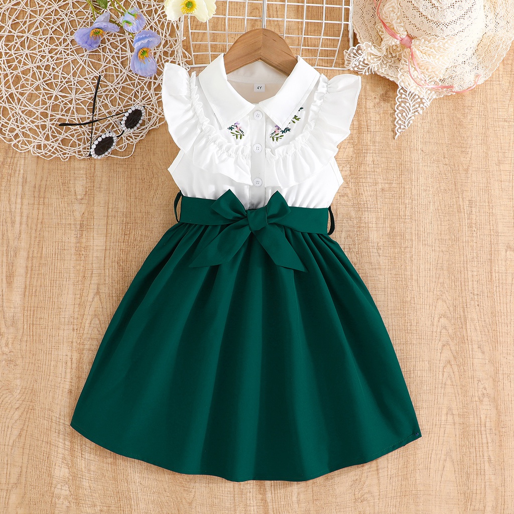 ส่งจากไทย เสื้อเชิ้ตเดรสเด็กผู้หญิง 2-7 ปี ผ้าลายปักสีขาว สีเขียว สีแดงเข้ม ชุดเดรสเด็ก ชุดไปโรงเรียน สำหรับวันเกิด วันเด็ก งานปาร์ตี้