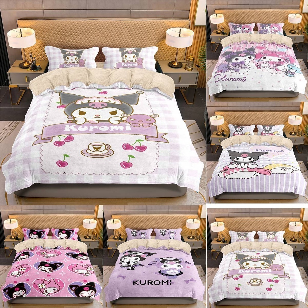 Ys Sanrio Kuromi Melody 3in1 ชุดเครื่องนอน ผ้าปูที่นอน ผ้าห่ม ผ้านวม ซักทําความสะอาดได้ สะดวกสบาย สําหรับหอพัก