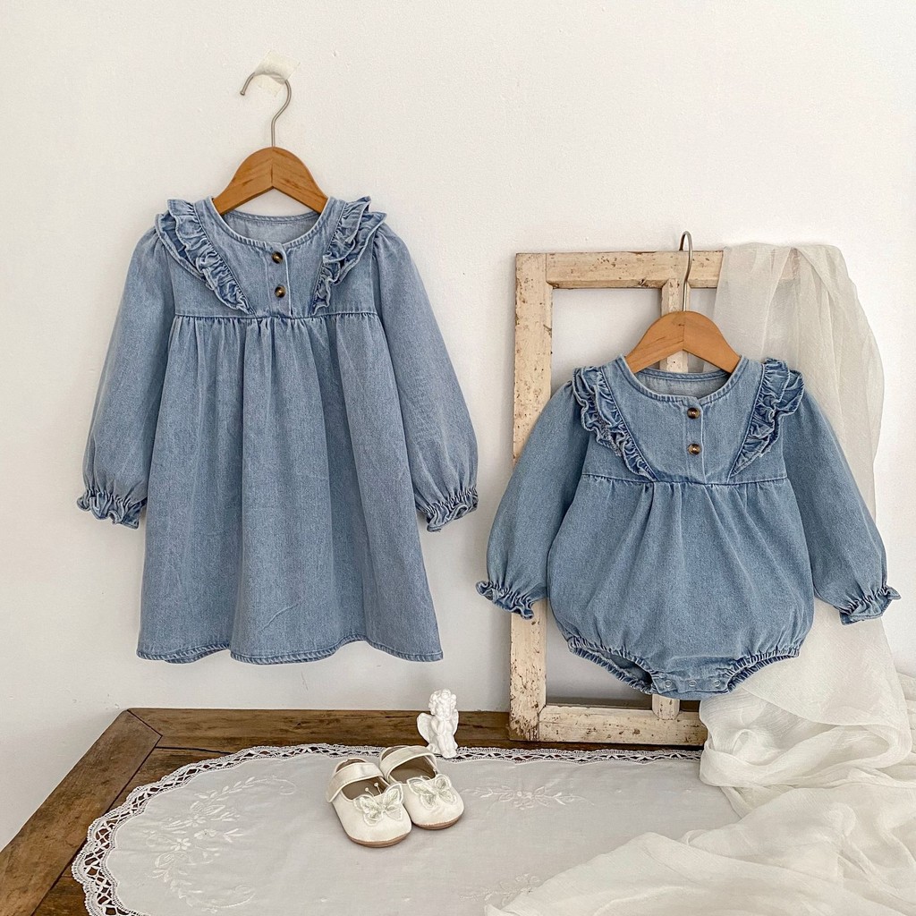 0-6 ปีเด็กทารก Denim Jumpsuit ชุดเดรสแขนยาว Retro Blue Sisters ชุด