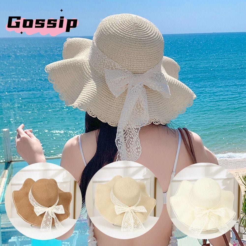 Gossip หมวกชายหาด, ริบบิ้นโบว์ปีกกว้างหมวกกันแดด, ฟางแบบพกพาป้องกันรังสียูวีหมวกฟางผู้หญิง
