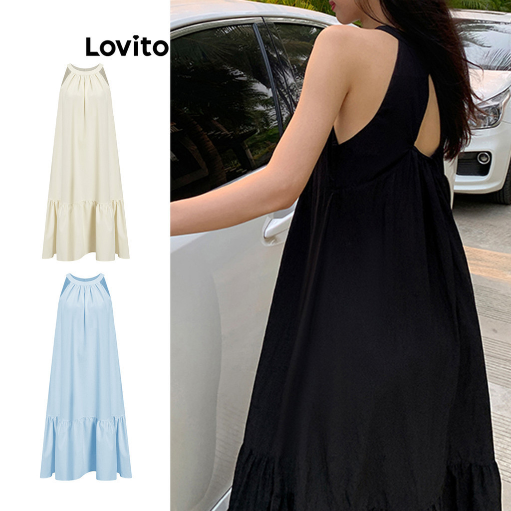 Lovito ชุดเดรสผู้หญิง คัทเอ้าท์ ชายระบาย สีพื้น สไตล์ลำลอง L68ED142 (ขาว/ดำ)