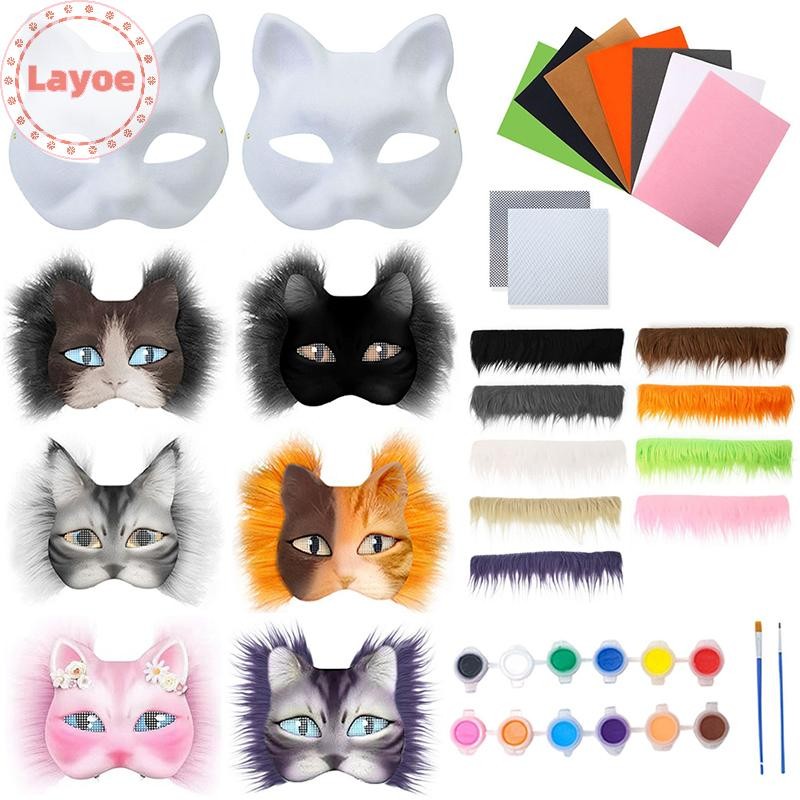 Layoe 3 ชิ้น/เซ็ต DIY Handmade Graffiti Therian หน้ากากครึ่งหน้า ชุดหน้ากากสัตว์ Fox วาดมือเปล่า ของขวัญ TH