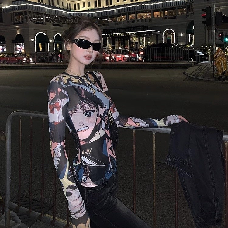 เสื้อยืดผู้หญิง 2025 หลากสีโปร่งแสงตาข่ายคอกลมแขนยาวสลิมฟิตท็อปส์ - รูปที่ 5