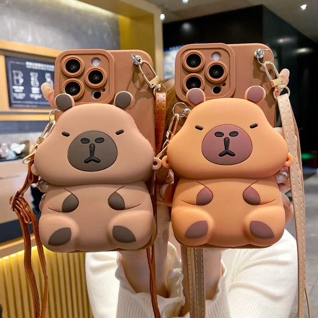 เคสโทรศัพท์ Capybara 3D น่ารักพร้อมกระเป๋าซิปและสายคล้องซิลิโคนนุ่มกันกระแทกสำหรับ Xiaomi Redmi Note 15 14 13 12 11 10 9 8 Pro + Redmi 15 15C 14 14C 13 13X 13C 12 12C 10 10C 1 9C 9A 9T 8 8A A5 A2 A1 Plus
