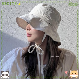 Nextth หมวกชาวประมง, หมวกกันแดด แบบผูกเชือก แบบบาง, หมวกลําลอง สีพื้น กันลม เชือกผูกถัง ฤดูร้อน