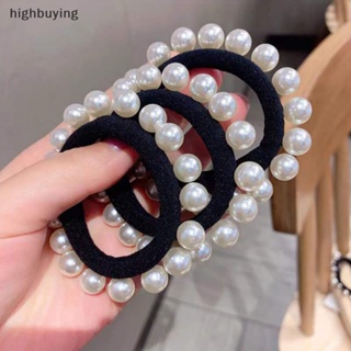 [highbuying] ยางรัดผมหางม้า ไร้รอยต่อ ประดับไข่มุก สีดํา สําหรับผู้หญิง 5 ชิ้น