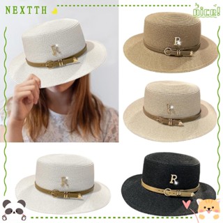 Nextth หมวกฟาง หัวเข็มขัดโลหะ ลายตัวอักษร สไตล์วินเทจ แฟชั่นฤดูร้อน สําหรับผู้หญิง