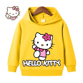 ชุดเสื้อฮู้ดดี้ กางเกงกีฬา ลาย Hello Kitty สําหรับเด็กผู้หญิง อายุ 4-14 ปี