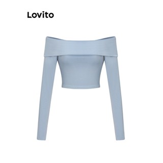 Lovito เสื้อยืดลําลอง เปิดไหล่ แบบพลิกขึ้น สําหรับผู้หญิง L61AD042 (สีฟ้า)