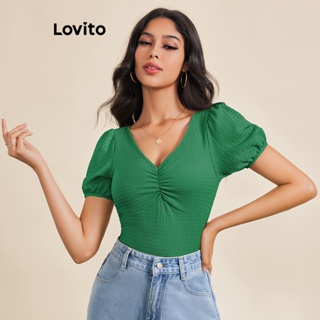 Lovito เสื้อยืดแขนพัฟลําลอง แบบผูกเชือก แบบเรียบ สําหรับผู้หญิง LBE03060 (สีเขียว)