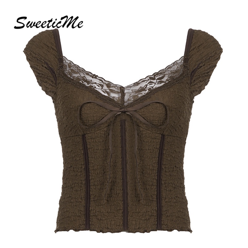 Sweeticme ใหม่ เสื้อยืดคอวี แขนสั้น ผูกโบว์ แต่งลูกไม้ เซ็กซี่ สีพื้น แฟชั่นสําหรับผู้หญิง 2023