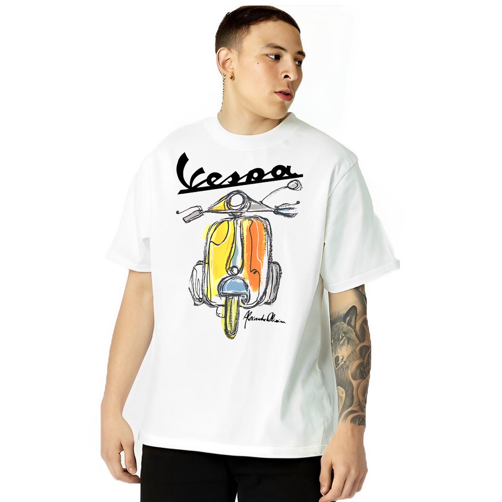 เสื้อยืดคุณภาพดี（S-5XL） Fsd11ew2e เสื้อยืดแขนสั้น ผ้าฝ้าย พิมพ์ลายสกูตเตอร์ Vespa สีขาว สไตล์ฮาราจูก