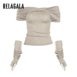 Relagala เสื้อยืดแขนสั้น เปิดไหล่ เซ็กซี่ สีพื้น แฟชั่นสําหรับสตรี 2023