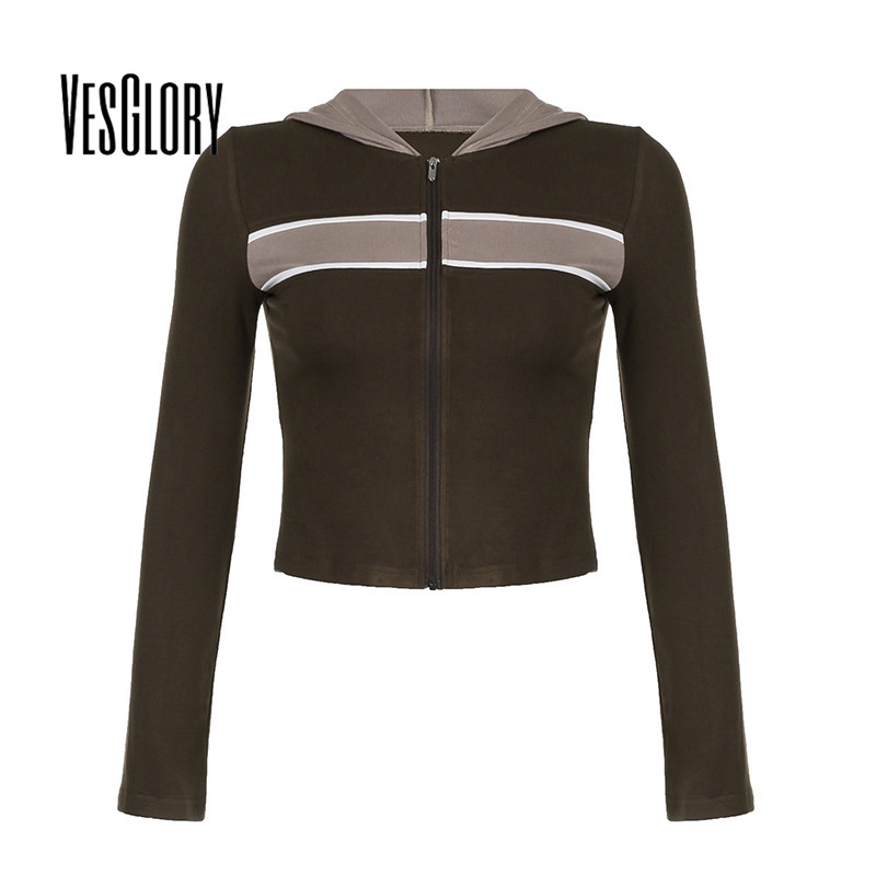 VesGlory ผู้หญิง Hoodies แฟชั่น Contrast สีแขนยาวซิป Slim Fit Cadigan เสื้อยืด