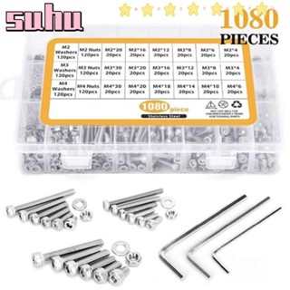 Suhuhd สกรูหัวซ็อกเก็ต หกเหลี่ยม M2 M3 M4 สเตนเลส 304 พร้อมกล่องเก็บ และน็อต 1080 ชิ้น