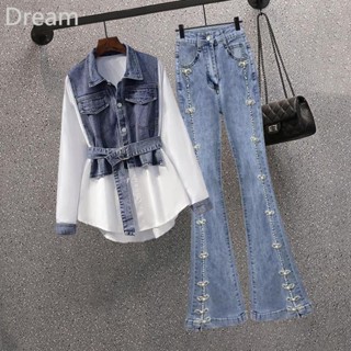 Womens waist Slimming jeans stitching shirt large size fried street beaded Hong Kong style trumpet pants two-piece set