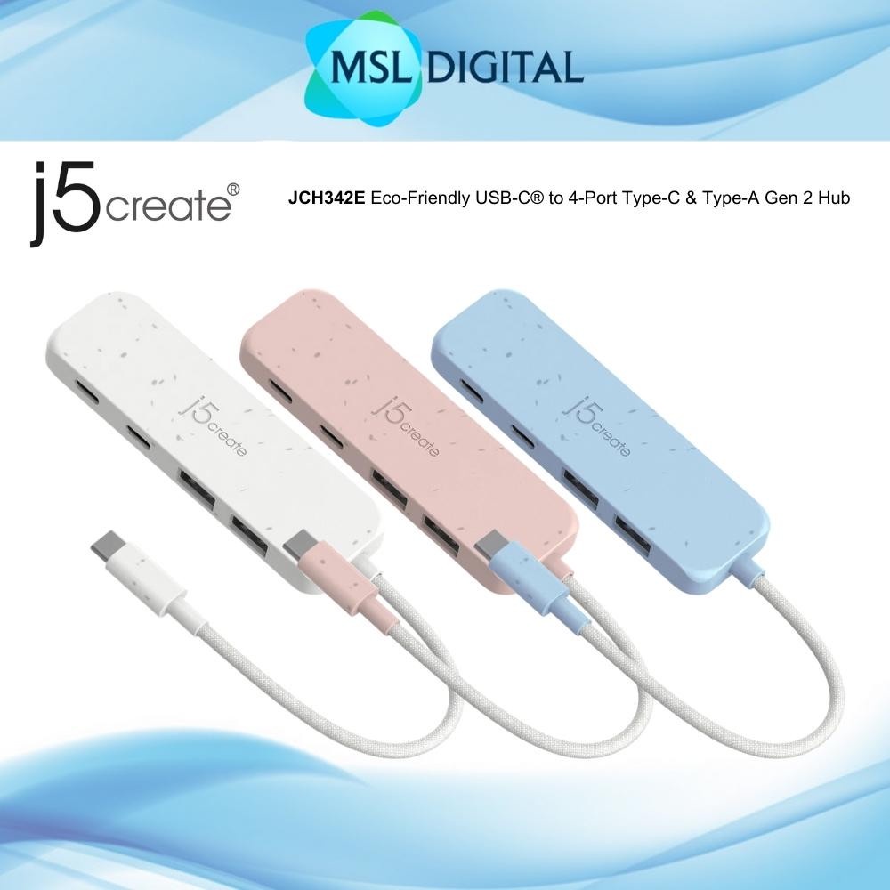 J5create JCH342E เป็นมิตรกับสิ่งแวดล้อม USB-C ถึง 4 พอร์ต Type-C และ Type-A Gen 2 Hub 10Gbps Transfe