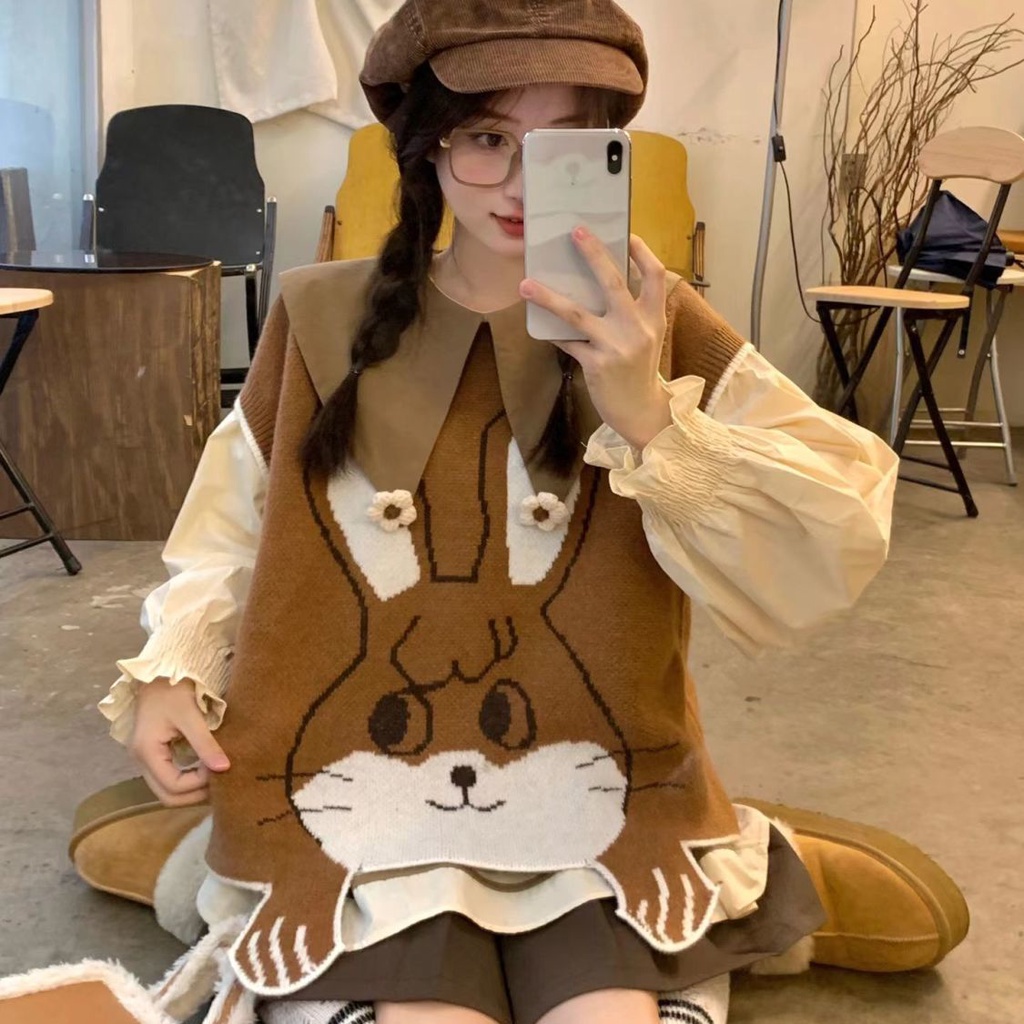 ชุดเสื้อแขนกุด กระโปรงพลีท ทรงหลวม พิมพ์ลายกระต่าย แฟชั่นฤดูใบไม้ร่วง สําหรับผู้หญิง
