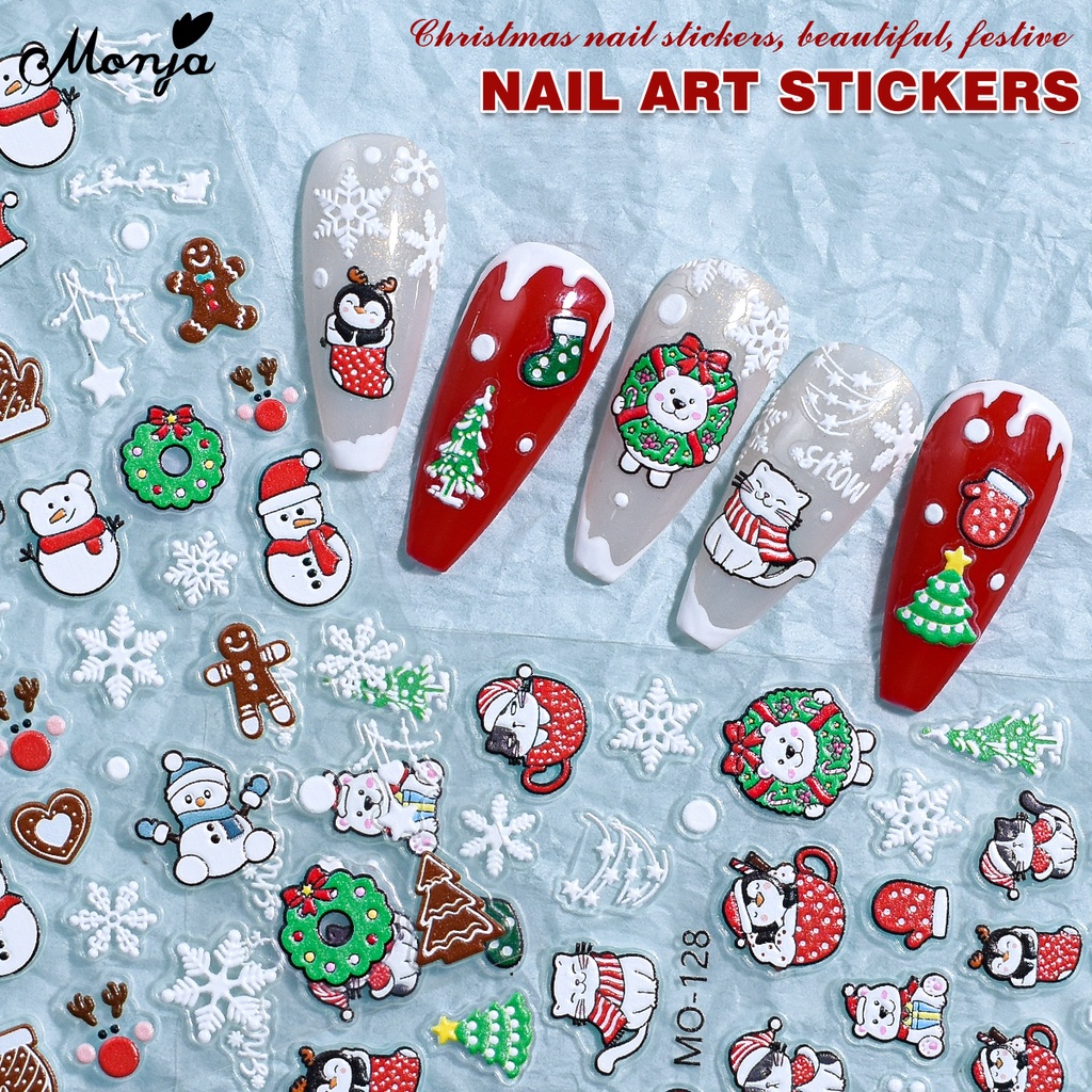 Monja สติกเกอร์ ลายคริสต์มาส เกล็ดหิมะ แมว 3D DIY สําหรับติดตกแต่งเล็บ