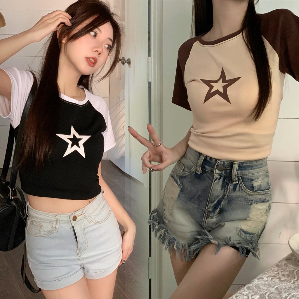 KOKO 2573 ใหม่ เสื้อยืดแขนสั้นสวยๆผู้หญิง เสื้อครอปท็อป y2k ดาว คอกลม แขนสั้น แฟชั่นสไตล์เกาหลี
