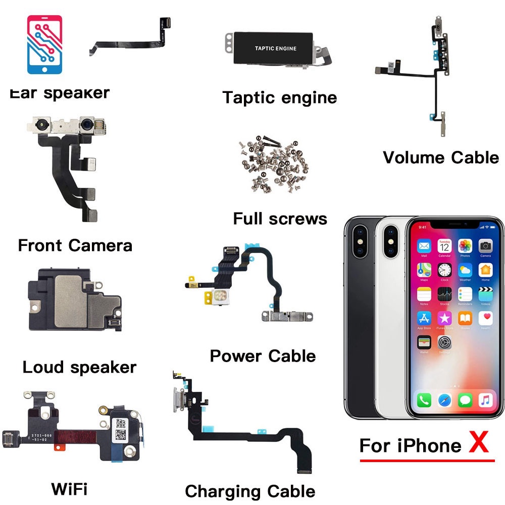 ชิ้นส่วนภายใน สําหรับ iPhone X กล้องหน้า ปรับระดับเสียง สายชาร์จ สายเคเบิลอ่อน หูฟัง ลําโพงดัง Wifi ตัวยึดโลหะทั้งหมด สกรู