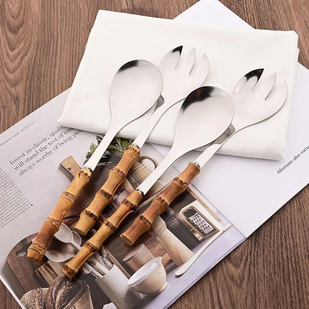 2Pcs Silver Dinnerware Cutlery 304 Stainless Steel Wood Bamboo Handle Food Serving Salad Spork Server Fork Spoon Tablewa