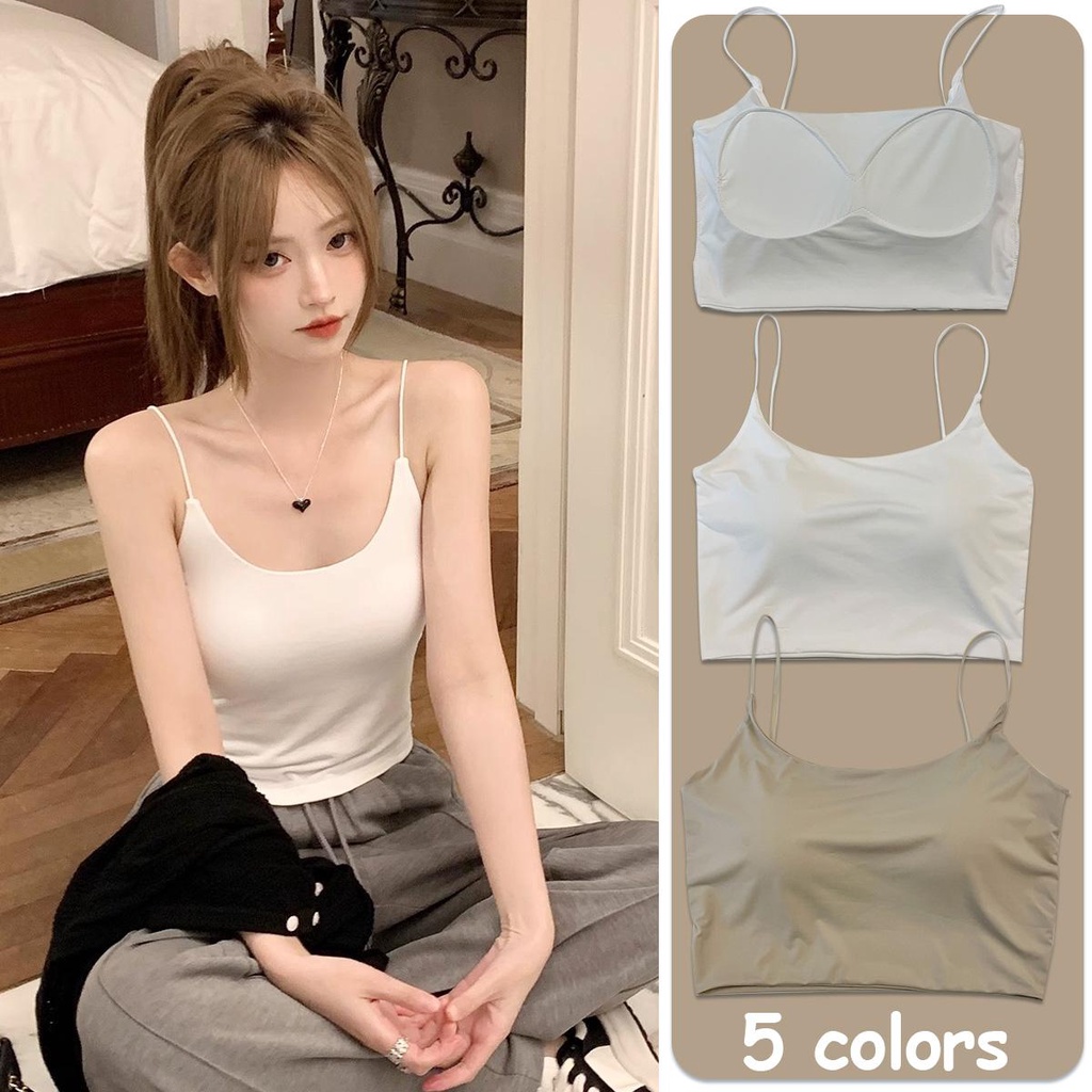 mimi&didi ใหม่ เสื้อครอปสายเดี่ยว คอยู เซ็กซี่ สายสปาเก็ตตี้ ทรงสลิมฟิต สไตล์เกาหลี (พร้อมแผ่นรองหน้าอก)X5618