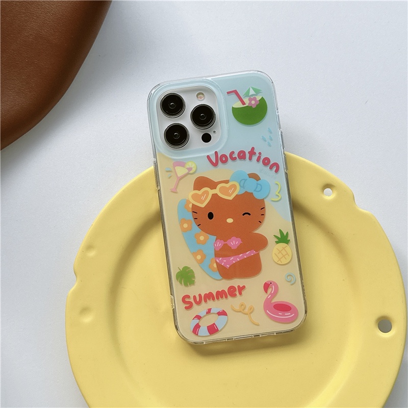 【Hello Kitty Beach】เคสโทรศัพท์มือถือ ซิลิโคนนิ่ม กันกระแทก ลายการ์ตูนคิตตี้ สองชั้น แฟชั่น สําหรับ iPhone 15 Pro Max Case 11 12 13 14 Pro Max