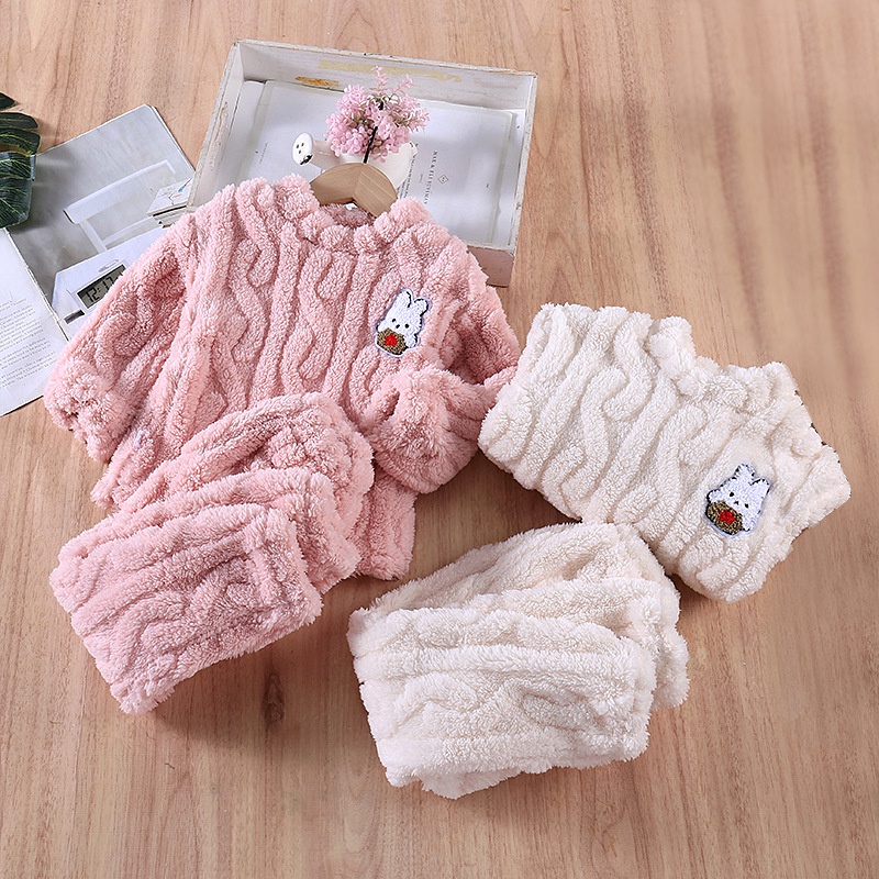 [ZY] พร้อมส่ง ชุดนอนแขนยาว ผ้าฟลีซ ผ้าสักหลาด แบบหนา ให้ความอบอุ่น สไตล์เกาหลี เหมาะกับฤดูใบไม้ร่วง และฤดูหนาว สําหรับเด็ก 60-150 ซม.