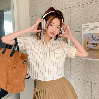 🌻Lune_Grace🌻W264#เสื้อเชิ้ดแขนสั้นลาายทางวินเทจสำหรับผู้หญิง คอปกตัวสั้น