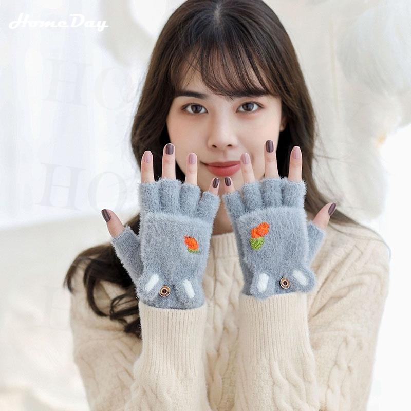 ถุงมือขนกระต่าย แมว แบบครึ่งนิ้ว ให้ความอบอุ่น แบบหนา ยืดหยุ่น แฟชั่นฤดูหนาว สําหรับผู้หญิง
