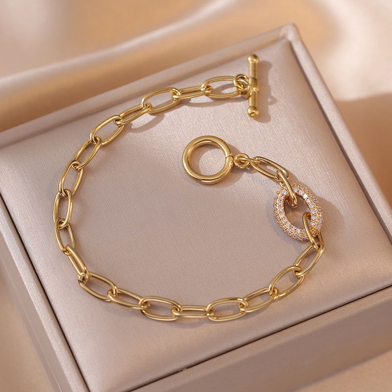 สร้อยข้อมือ เหล็กไทเทเนียม 18K ประดับเพชร เข้ากับทุกการแต่งกาย แฟชั่นเรียบง่าย