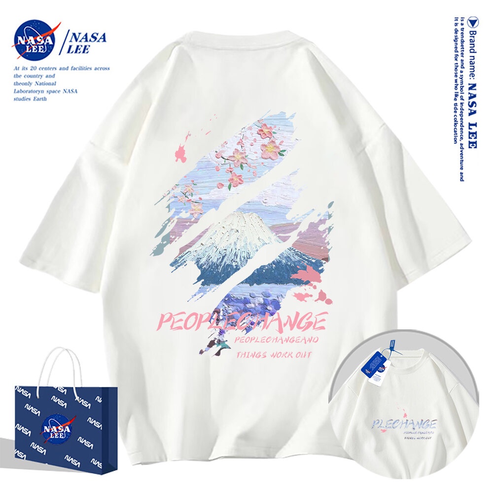 เสื้อยืดแขนสั้นผ้าฝ้ายคอตตอนลาย NASA รุ่นใหม่สำหรับฤดูร้อน 2024 แบบหลวมและระบายอากาศได้ดี