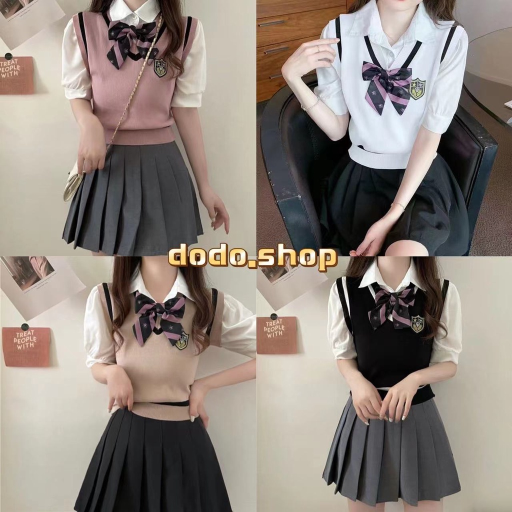 DODOสินค้าใหม่พร้อมส่ง**เสื้อไหมพรมแขนสั้น ผ้าถัก ประดับโบว์ สองชิ้น สไตลืหวานแหวว (72002-1)