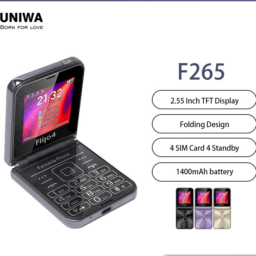 Uniwa F265 2G โทรศัพท์มือถือ ขนาดเล็ก หน้าจอคู่ 2.55 นิ้ว ซิมการ์ด 4 ซิม ปุ่มกด ขนาดใหญ่ พับได้ สําห
