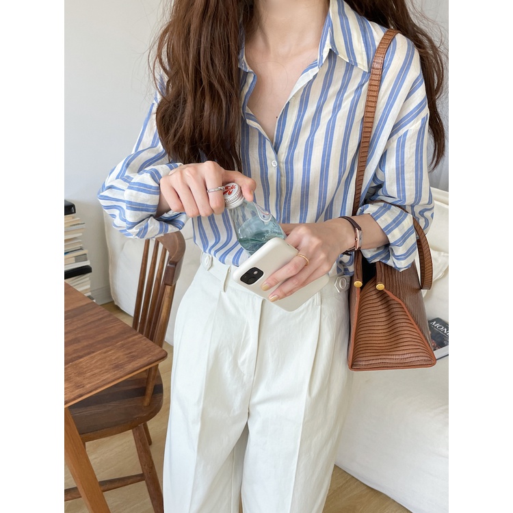 Xiao เสื้อเชิ้ตแขนยาว คอปกโปโล ผ้าชีฟอง ลายทาง สีฟ้า สีขาว สไตล์เกาหลี สําหรับผู้หญิง 6SNB