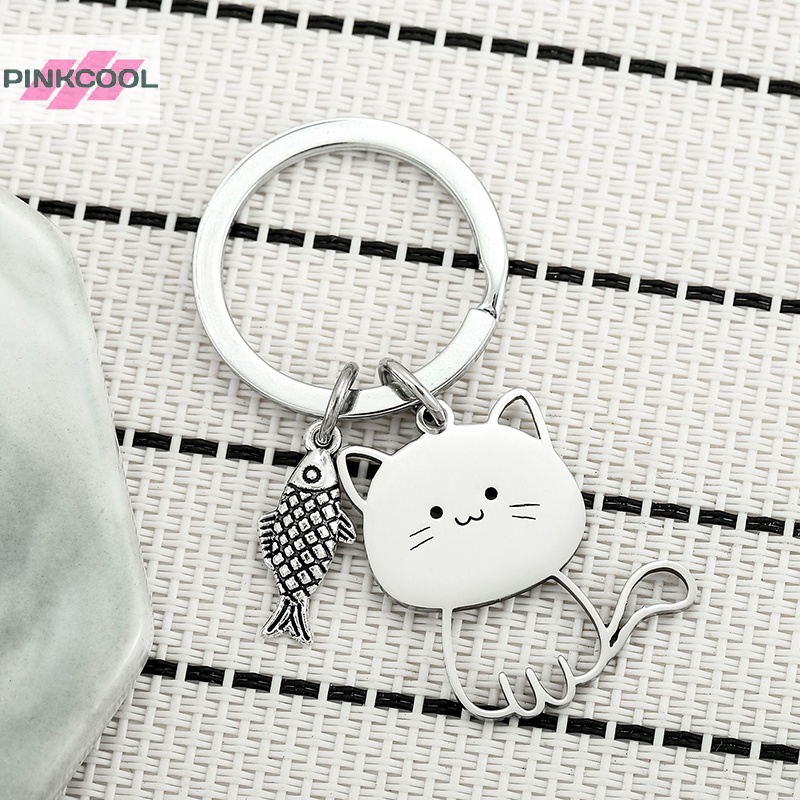 Pinkcool พวงกุญแจ สเตนเลส จี้การ์ตูนแมว ปลาน่ารัก ของขวัญวันวาเลน เครื่องประดับ สําหรับคู่รัก