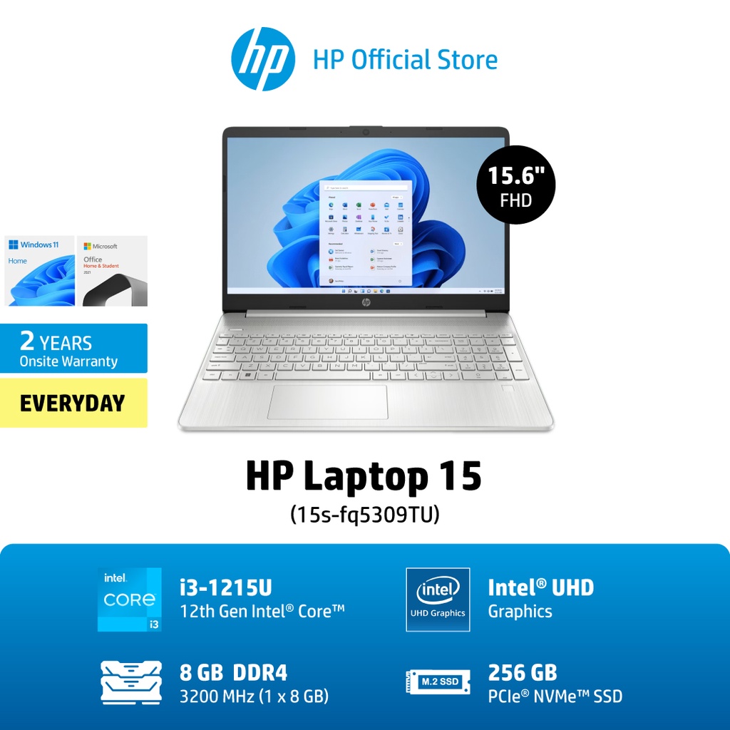 HP Laptop (15s-fq5309TU) Intel® Core i3-1215U/ 8GB/ 256GB/ Office H&amp;S 2021/ Win11 Home/ 2Yrs Onsite โน๊ตบุ๊ค Notebook