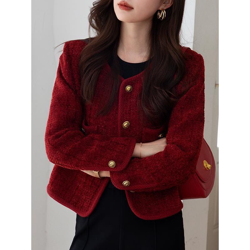 แฟชั่นย้อนยุค เสื้อคลุมผ้าทวิต ปุ่มทอง สไตล์สั้น คอกลม สีแดง เสื้อโค้ท ดูแพง, S-2XL