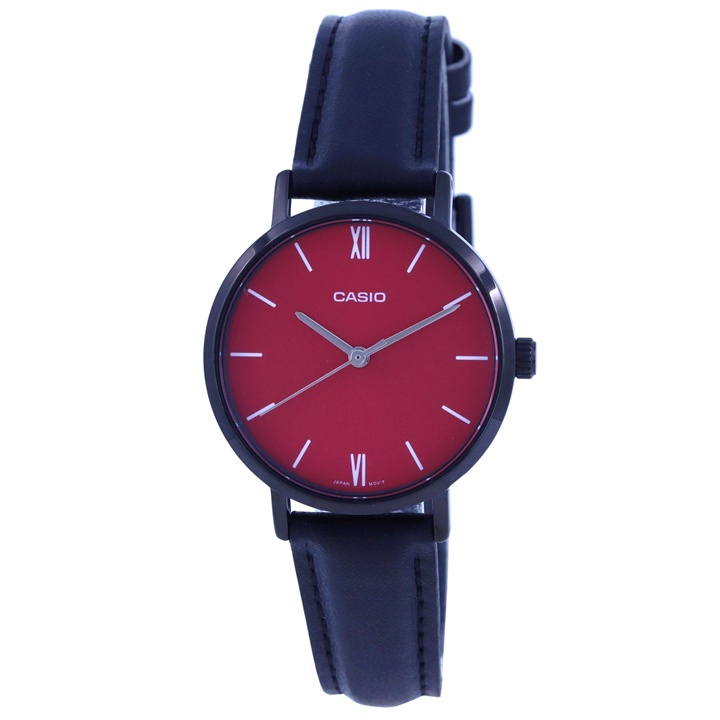 [Time Cruze] Casio LTP-VT02 Quartz Black IP Case Black Leather Red Dial Women Watch LTP-VT02BL-4AUD