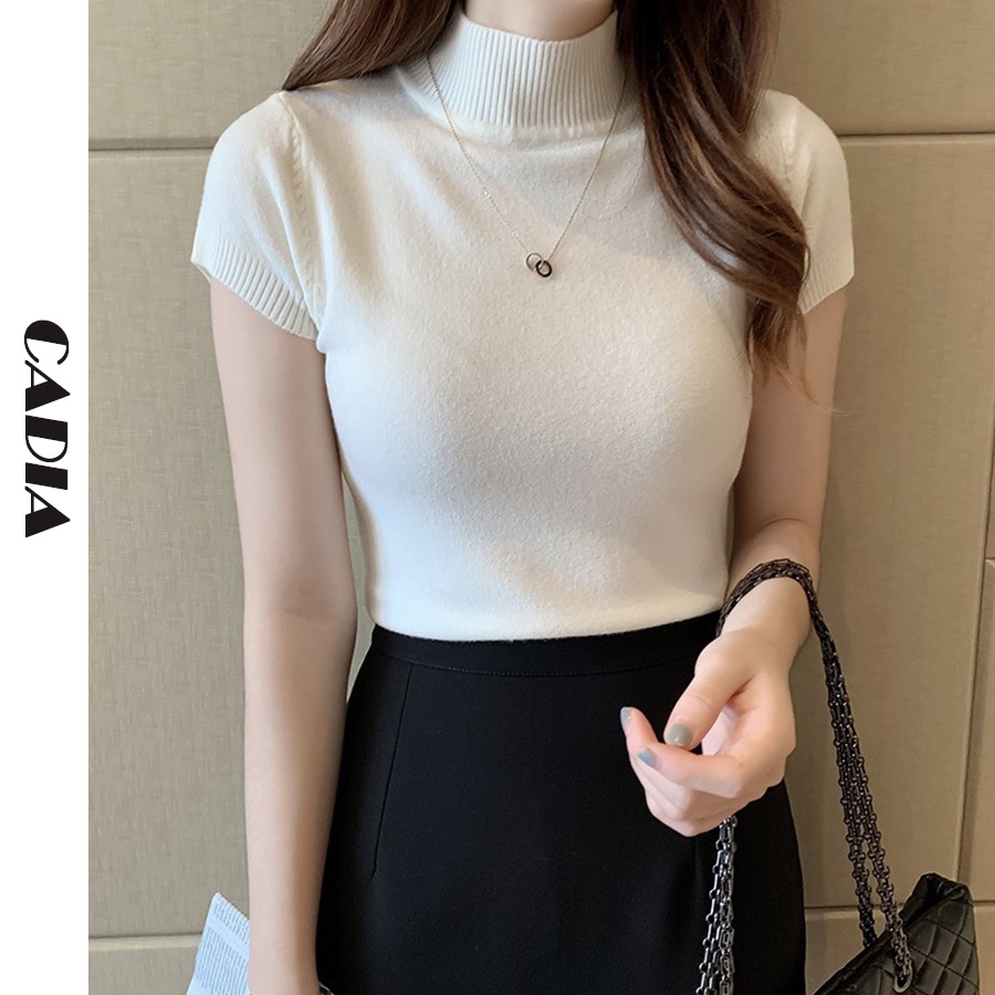 CADIA เสื้อยืดแขนสั้น คอเต่า ผ้าถัก สไตล์เกาหลี แฟชั่นฤดูร้อน สําหรับผู้หญิง สไตล์รัดรูป เสื้อครอป แขนสั้น สีพื้น