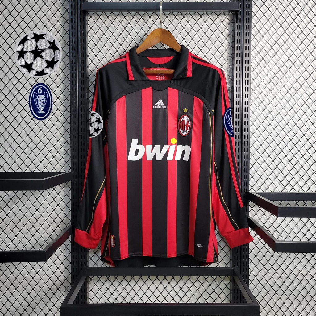 เสื้อเชิ้ต คุณภาพสูง | เสื้อยืดแขนยาว สีแดง สีดํา สไตล์เรโทร 2006/07 AC Milan Home