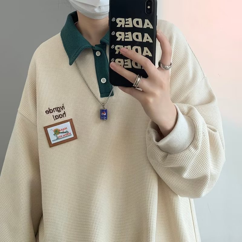 เสื้อโปโลแขนยาว คอปก ทรงหลวม เข้ากับทุกการแต่งกาย แฟชั่นฤดูใบไม้ผลิ และฤดูใบไม้ร่วง สไตล์ญี่ปุ่น สําหรับผู้ชาย