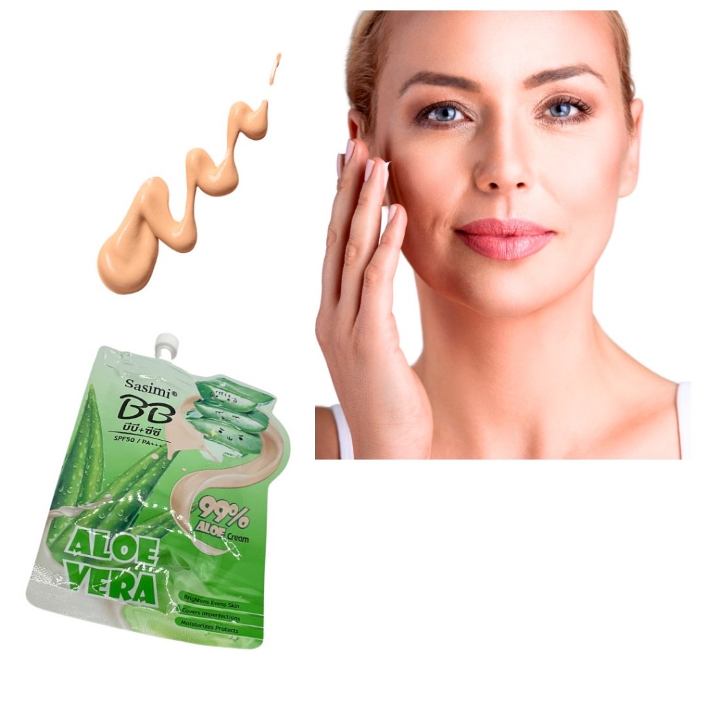 Sasimi S-1845 Aloe vera บีบี+ซีซี รองพื้นแบบซอง ว่านหางจระเข้ ช่วยปกปิดผิวเรียบเนียน เพิ่มความชุ่มชื่นให้ผิว บีบี..