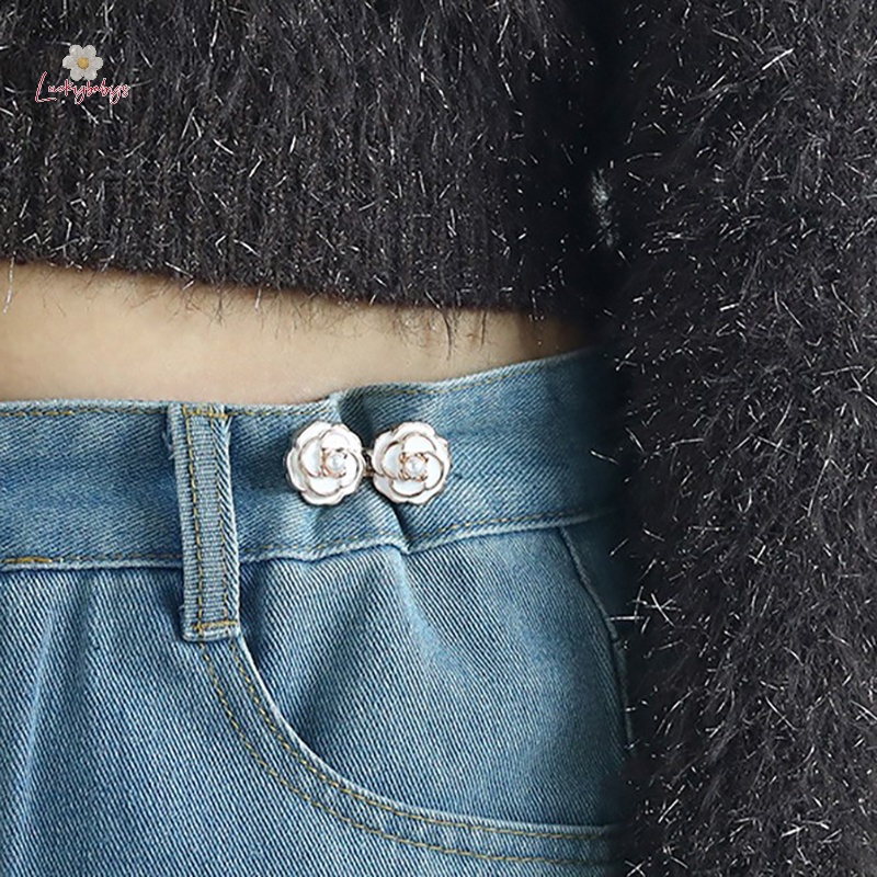 Luckybabys> 1 ชิ้น มุก ดอกคามิเลีย รัดรูป กระดุมเอว หมุด กางเกงยีน เอว หัวเข็มขัด แฟชั่น ถอดออกได้ หมุดกระดุมยีน สําหรับผู้หญิง กระโปรง กางเกงใหม่