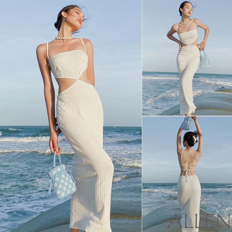 Allen-ผู้หญิงชุดยาวbodyconสีทึบcutoutเอวสูงแขนกุดสลิงชุดฤดูร้อนcross Tie-UpชุดBackless