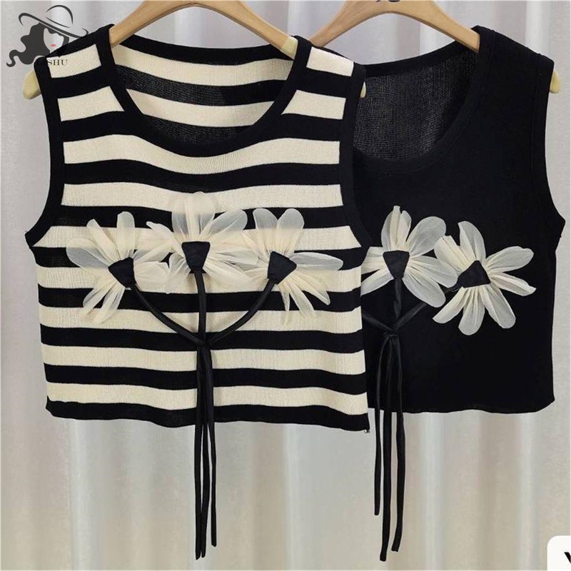 Lishu เสื้อแขนกุด คอกลม ผ้าถัก ลายดอกไม้ สุดชิค ลายทาง แฟชั่นฤดูร้อน สําหรับผู้หญิง