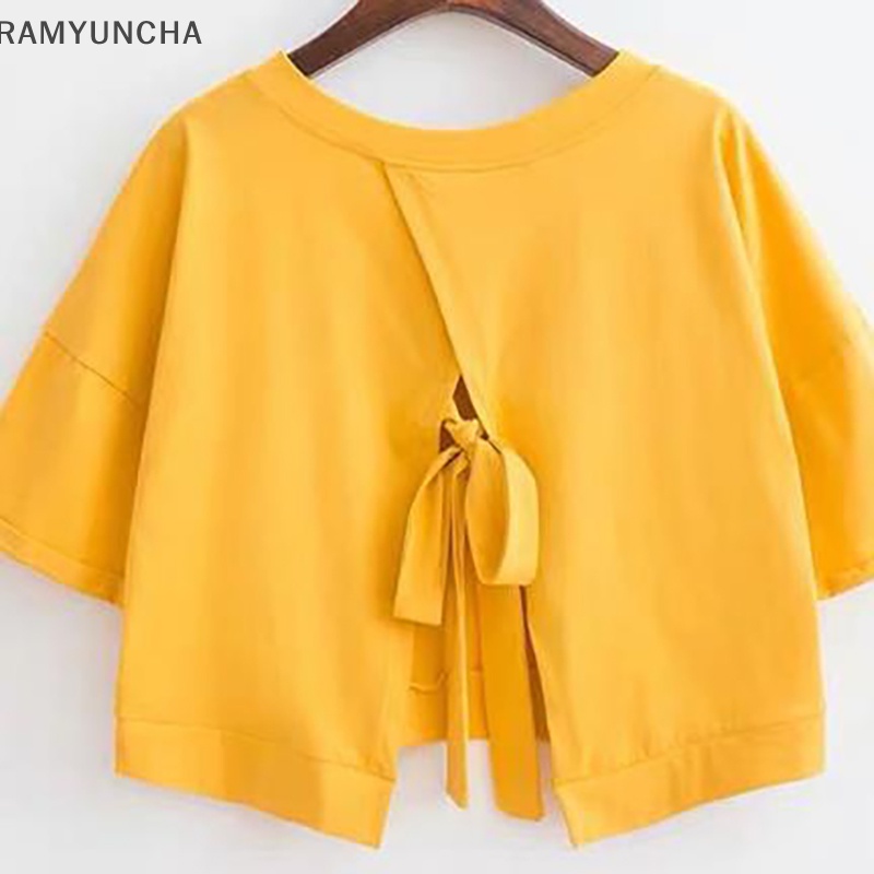 เสื้อครอปท็อปแขนสั้น คอวี เปิดหลัง ทรงหลวม สีพื้น แฟชั่นฤดูร้อน สําหรับผู้หญิง